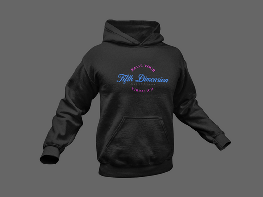 Raise Your Vibration hoodie in vibrant pink and blue colors promoting positivity and high energy