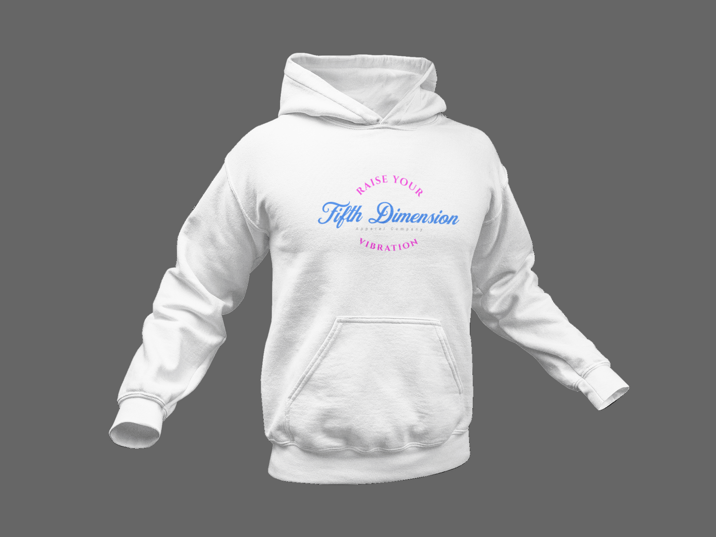 Raise Your Vibration hoodie in vibrant pink and blue, symbolizing positivity and high energy.
