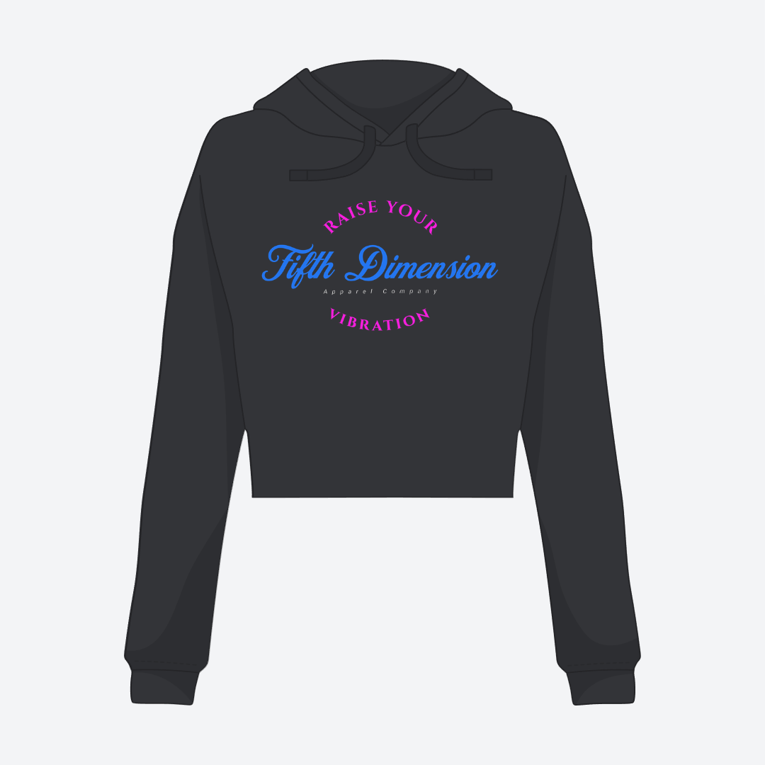 Black cropped hoodie with vibrant neon "Raise Your Vibration" text and cosmic accents