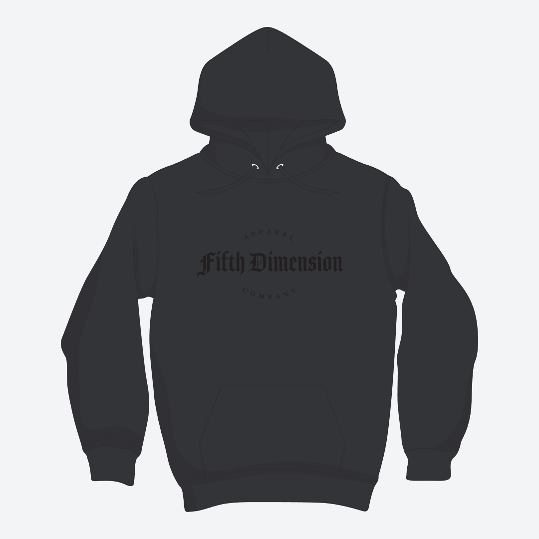 Black-on-black Tree of Life hoodie with Old English 5th Dimension logo and detailed back design
